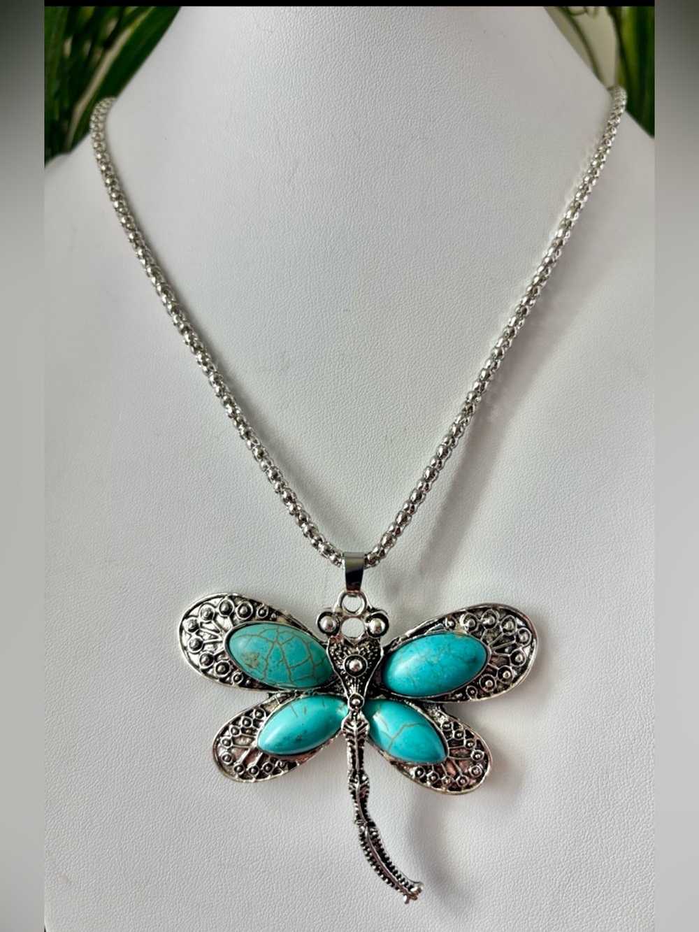 Crystal Ave Dragonfly pendant,ornate antique silver finish oval turquoise stone